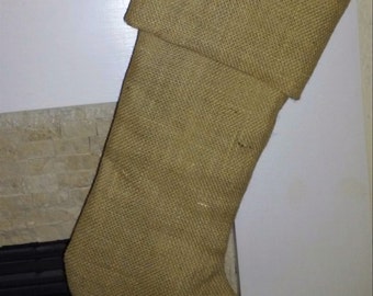 Burlap Stocking with Button Initial and Brown Muslin Lining, Fully Lined