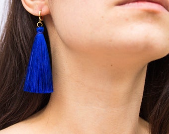 Technicolour -earrings (fun colourful long tassel drop mini hoop earrings)