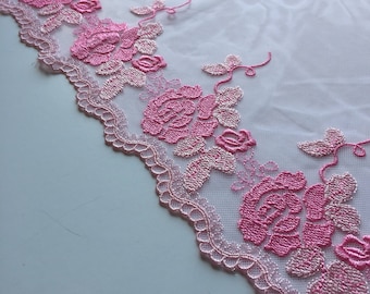PINK, 10" Wide, Embroidered Floral Lace Trim, BTY By The Yard