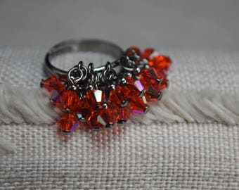 Bright Orange Hyacinth AB Czech Crystal Cluster Ring - Adjustable Gunmetal Setting - Iridescent - Summer