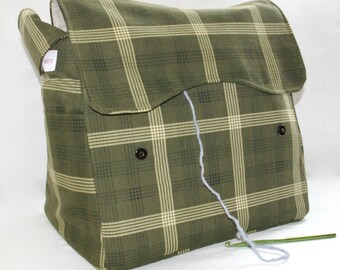 Green Plaid, Knitting Bag, Snag-Free, Zipper-less, Yarn Dispenser, Pro-knitter bag, handbag, yarn storage, crocheting tote, Knit on the go