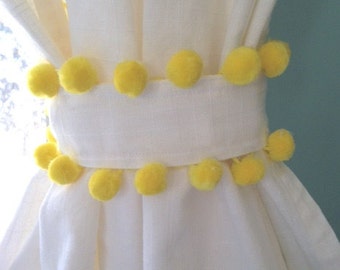 Yellow Pom Pom Trim White Cotton Curtain