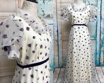 70s Sylvia Ann Purple Ruffle Flocked Dress Southern Belle