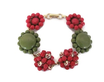 Upcycled Bracelet, Vintage Clip On Earring Bracelet, Beaded Bracelet, Red, Green Bracelet, Christmas Bracelet, Holiday Jewelry