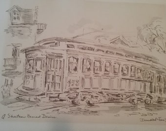 Vintage Original Drawing A Street car Named Desire by Artist Donabeth. Signed by Artist