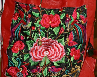 Red leather boho embroidered handbag, flowers and bird design, large backpack style, brass bells, hippy bag