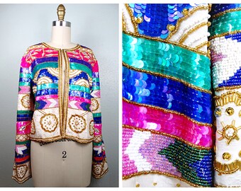 RETRO Geometric Sequin Jacket // Bright Sequined Jacket // Heavily Embellished Beaded Evening Jacket