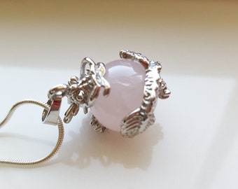 Dragon Rose Quartz Necklace- Game of Thrones Necklace- Dragon Necklace- Fantasy Necklace- Rose Quartz- Daenerys Necklace- Silver Dragon