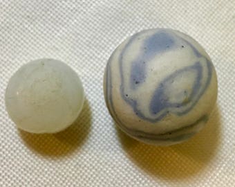 Antique Handmade Marbles/Clay--blue and white/Glass Ballot Box--white