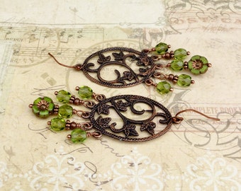 Green Earrings, Olive Green Earrings, Chartreuse Earrings, Flower Earrings, Copper Earrings, Czech Glass Beads, Copper Leaf Earrings, Gifts