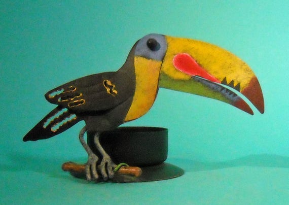 Painted metal Keel-billed toucan Candle Holder from Costa Rica