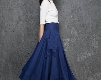 midi skirt women, blue linen skirt, womens skirt, A line skirt, skirt with pockets, custom skirt, summer skirt, gift for her (1332)