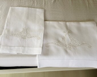 Towels lace embroidered linen, handmade
