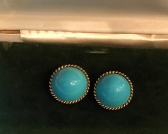 Vintage Retro Gold Tone and Blue Lucite Clip On Earrings