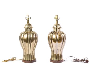 Elegant Pair of 1970's Vintage Frederick Cooper Brass Jar Lamps