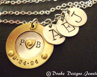 Mixed metal family necklace sterling silver mom initial necklace
