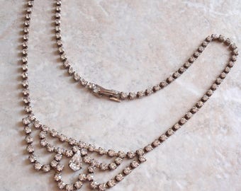 Rhinestone Bib Necklace Crystal Rhinestones Prong Set 17 Inch Pear Focal Vintage 030814PO