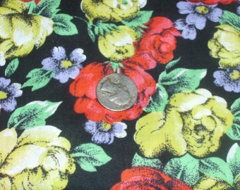 Black Floral Fabric / Large Cabbage Roses / Red and Yellow Roses on Black / Quilting Fabric / Sewing Fabric