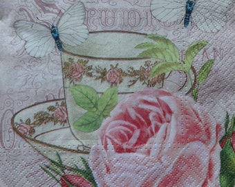 4 Decoupage Napkins, Romantic Paper Napkins, Lunch Napkins, Tea Party Napkins, Napkin for Decoupage, Pink Napkins, Rose Napkin (TEA CUP)