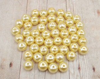 8mm Glass Pearls - Light Yellow - 50 pieces - Lemon - Canary - Blonde
