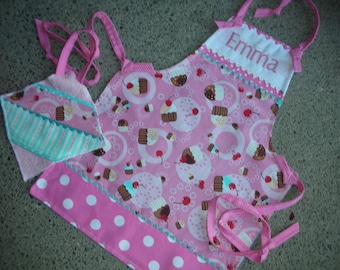 Girls Cupcake Aprons - Girls Aprons - Childrens Aprons - Monogrammed Girls Aprons - Cupcake Apron - Pink Cupcake Apron - Annies Attic Aprons
