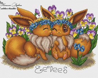 Enamored Eevees Cross Stitch Pattern PDF Instant Download Embroidery Cute Wall Decor Nursery Cross Stitch