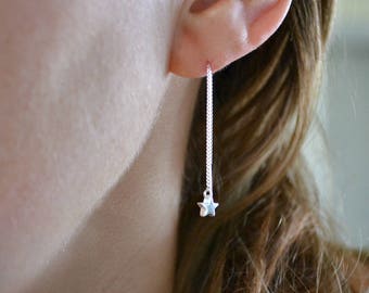 Gold or Silver Star Earrings | Gold Filled Threader Earrings | Sterling Silver Ear Threaders | Chain Thread Earrings