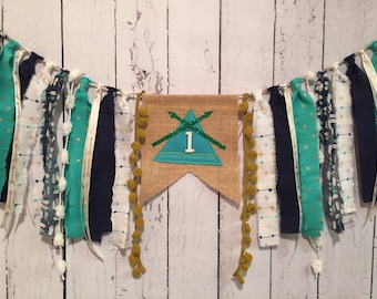 TEEPEE Aztec Tribal inspired High Chair Banner Birthday / Ragtie Cloth & Burlap / Photo Prop / Backdrop