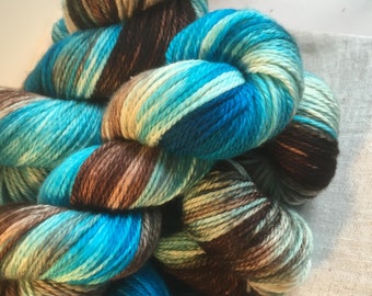 Aqua and Brown and white Hand Dyed 10ply Aran Weight Merino Wool