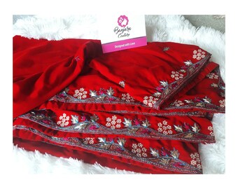 Red velvet shawl with hand embroidery
