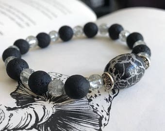 Black and silver lava stone bracelet