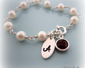 Baby Pearl Bracelet. Birthstone Baby Bracelet. Initial Bracelet. Baby Baptism Bracelet. Personalized Bracelet