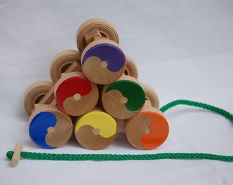 Toy Stack & Roll Pull Toy - Handcrafted Wooden Stack and Roll Pull Toy - Pull it up and down stairs - toddler gift - desktop toy icebreaker