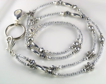 Silver Butterfly Beaded Lanyard, ID Badge Holder, breakaway lanyard, gifts for her