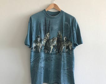 90s Vintage Wolf Wolfpack Wolves Howling T-Shirt Large