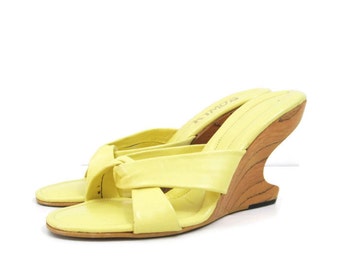 Vintage Boomerang Heel 60s Cantilever Mules Wood Wedge Sandals Shoes 7 - 7.5 VLV
