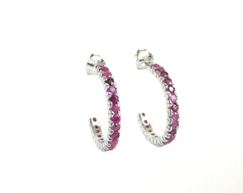 Genuine Natural Ruby Sterling Silver Hoop Stud Earring.