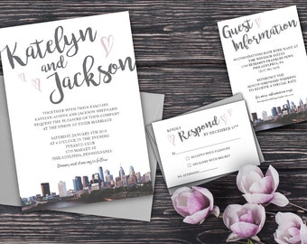 Wedding Invitations Philadelphia Skyline with hearts - Philly Wedding Invitation - Formal Philadelphia Wedding Invitation RSVP Guest Info