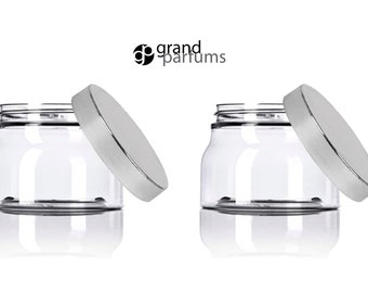 12 Italian Style CLEAR 8 Oz Pet Plastic TUSCANY Jars 240ml w/ Smooth SILVER Caps Body Butter, Sugar Scrubs, Bath Salt, Creams, Masks 240 ml