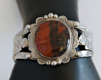 30's Fred Harvey era stamped sterling red jasper Native American cuff, big 925 silver Navajo thunderbird railroad jewelry statement bracelet