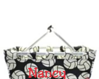 Open Collapsible Market Tote in Black and White Volleyball pattern Personalized Free Great for Beach, Pool, Wedding gifts, Great for Tennis