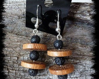 Earrings Sandwich #44 lava stone and Bayong wood beads