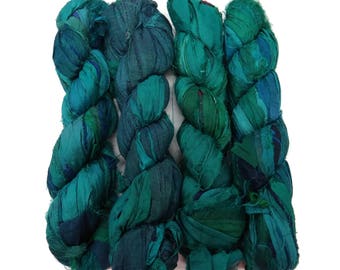 New! Recycled Sari Silk Ribbon, 100g skeins , Teal Medley