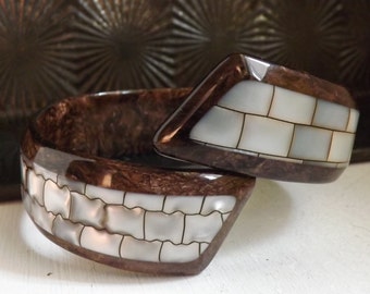 Lea Stein book piece bypass bangle bracelet laminated cellulose acetate jewelry brown and mother of pearl