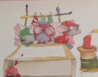 Christmas card mice in matchbook bed unused+env