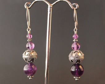 Amethyst and Sterling Silver Bali Beads Earrings