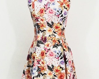 Ditsy floral dress, fit and flare dress, tropical print dress, vintage style dress, 1950s dress, summer dress, wedding guest dress