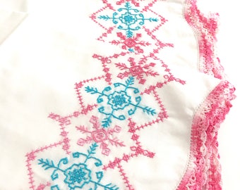 Embroidered PIllowcases Pink Blue Snowflake Vintage Bed Linens Cottage Chic Romantic