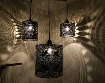 Mandala pendant shadow lamp, torch cut metal lighting plug in pendant light, hard wire kit recycled art welded art lighting. Yoga studio