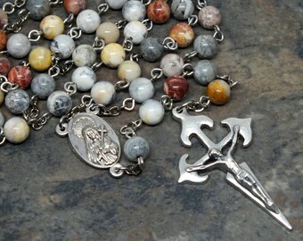 Gemstone Rosary of Crazy Lace Agate. Mater Dolorosa Center with Jerusalem Soil Relic, St. James Crucifix, Men's Rosary, 5 Decade Rosasary